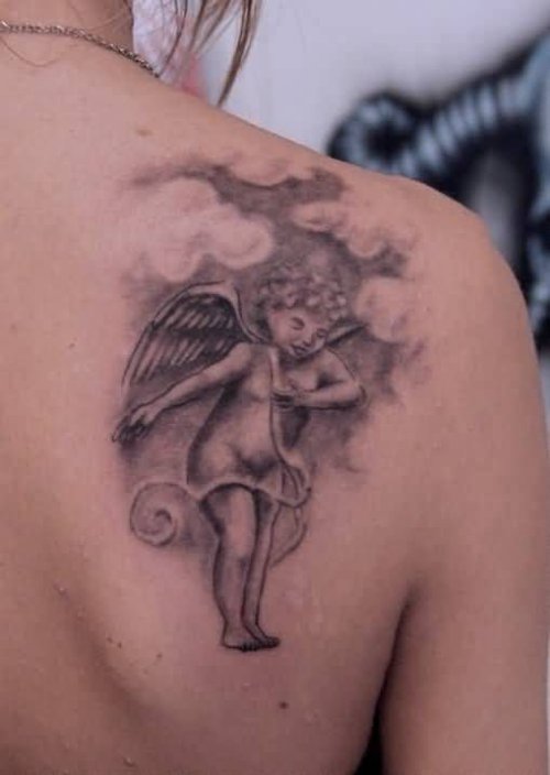 Grey Ink Baby Angel On Back Shoulder